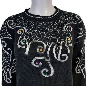 Vintage 80s Embellished Sweater Women XL Shirt Top Jewels 14 Black Halloween Fun
